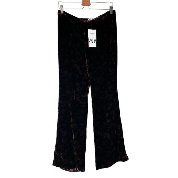 NWT Zara L The Charlotte black wide leg velvet floral trouser pants  Black Red - Picture 2 of 13